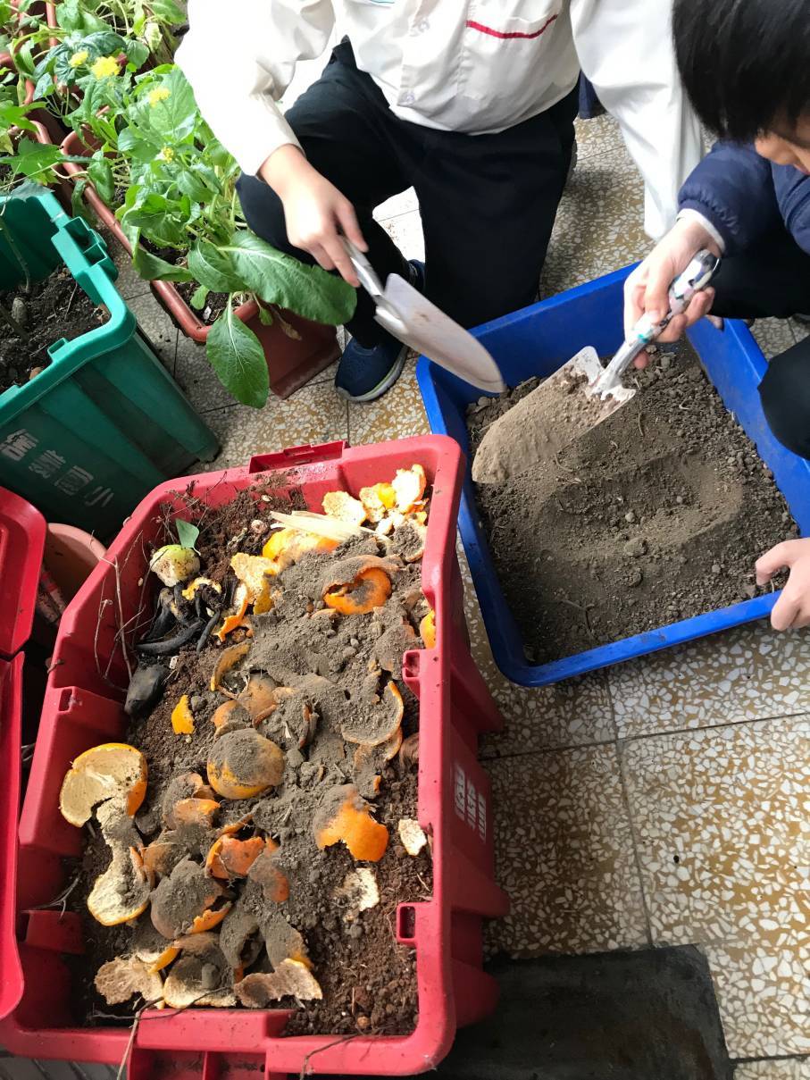 學生動手操作堆肥過程(生廚餘上覆蓋一層需要增加有機質的泥土後再蓋回儲存蓋，反覆進行過1-3個月即可開箱取土