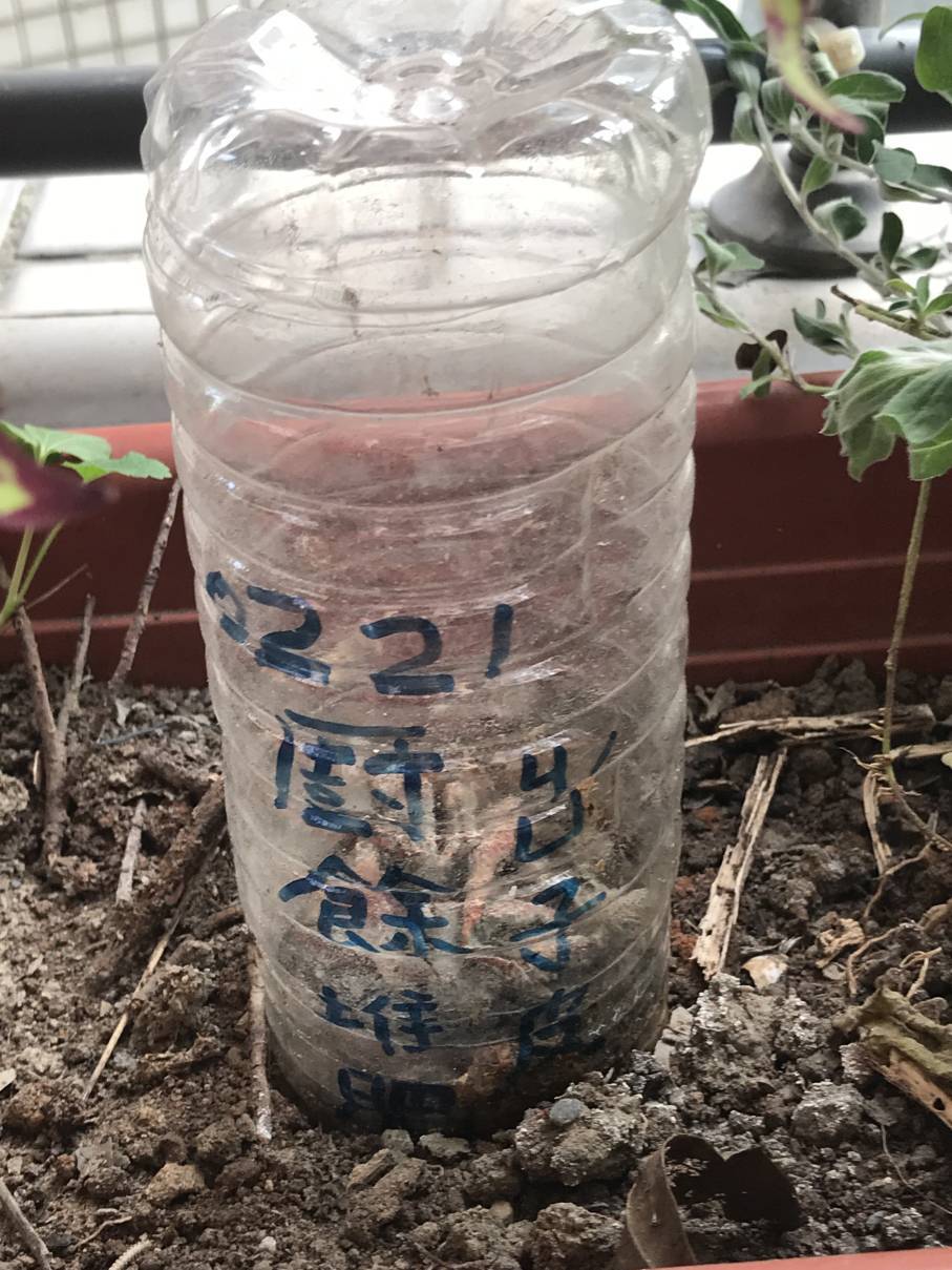 就近在花台也放個大一點的透明塑膠罐，觀察紀錄水果廚餘轉化成堆肥的過程